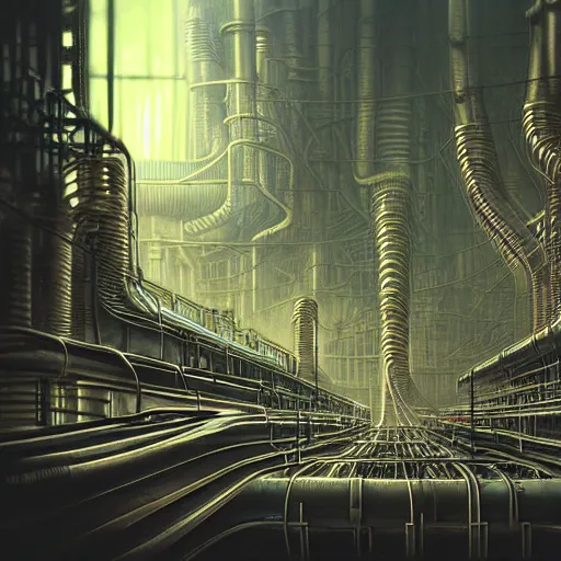 Image similar to futuristic dystopian endless, intricate, complex, labyrinthine, byzantine, tangled, industrial megafactory complex, smokestacks, pipelines and ducts and vents, matte painting, steampunk, smoke, night, gloomy, dark, dramatic, cinematic, volumetric lighting, gods eye view