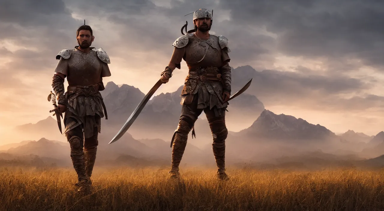 Prompt: cinematic artwork mid shot of a warrior with short brown hair standing on a battlefield in front of his army, light on his face, holding onto his sword, mountains behind him, dusk, artwork by Greg Rutowski, masterpiece, 4k