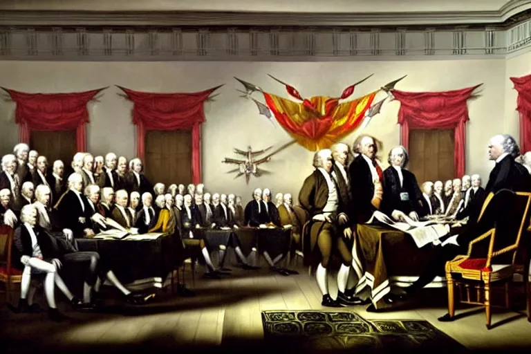 Prompt: john trumbull's famous painting of vampires at the signing of the declaration of independence. the vampires are taller and wear black capes and no wigs. on the wall there is a flag from transylvania