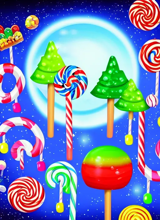Image similar to candy planet cartoon poster with fantasy alien trees and sweets. magic unusual nature landscape for computer game, fairy tale cosmic background with beautiful strange plants