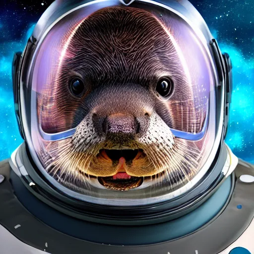 Prompt: a realistic portrait of an otter wearing a space helmet and visor set against a space and nebula background, trending on artstation, ultra detail, photorealistic, fine detail, cgi, zbrush, global illumination, studio lighting