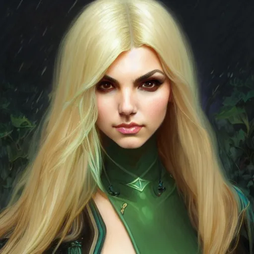 Image similar to Victoria Justice with fair skin, blonde hair and green eyes as Bat Girl, western, D&D, fantasy, intricate, elegant, highly detailed, digital painting, artstation, concept art, matte, sharp focus, illustration, art by Artgerm and Greg Rutkowski and Alphonse Mucha