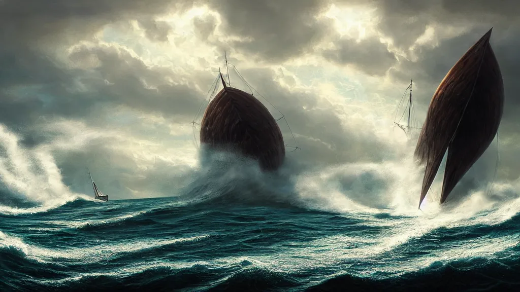 Prompt: small boat. massive giant sea creature coming out of a stormy sea in the distance. giant waves, sunbeams in background, intricate, detailed, volumetric lighting, sharp focus, scenery, photorealism, digital painting, highly detailed, concept art, dark souls, by steve mccurry and roger dean