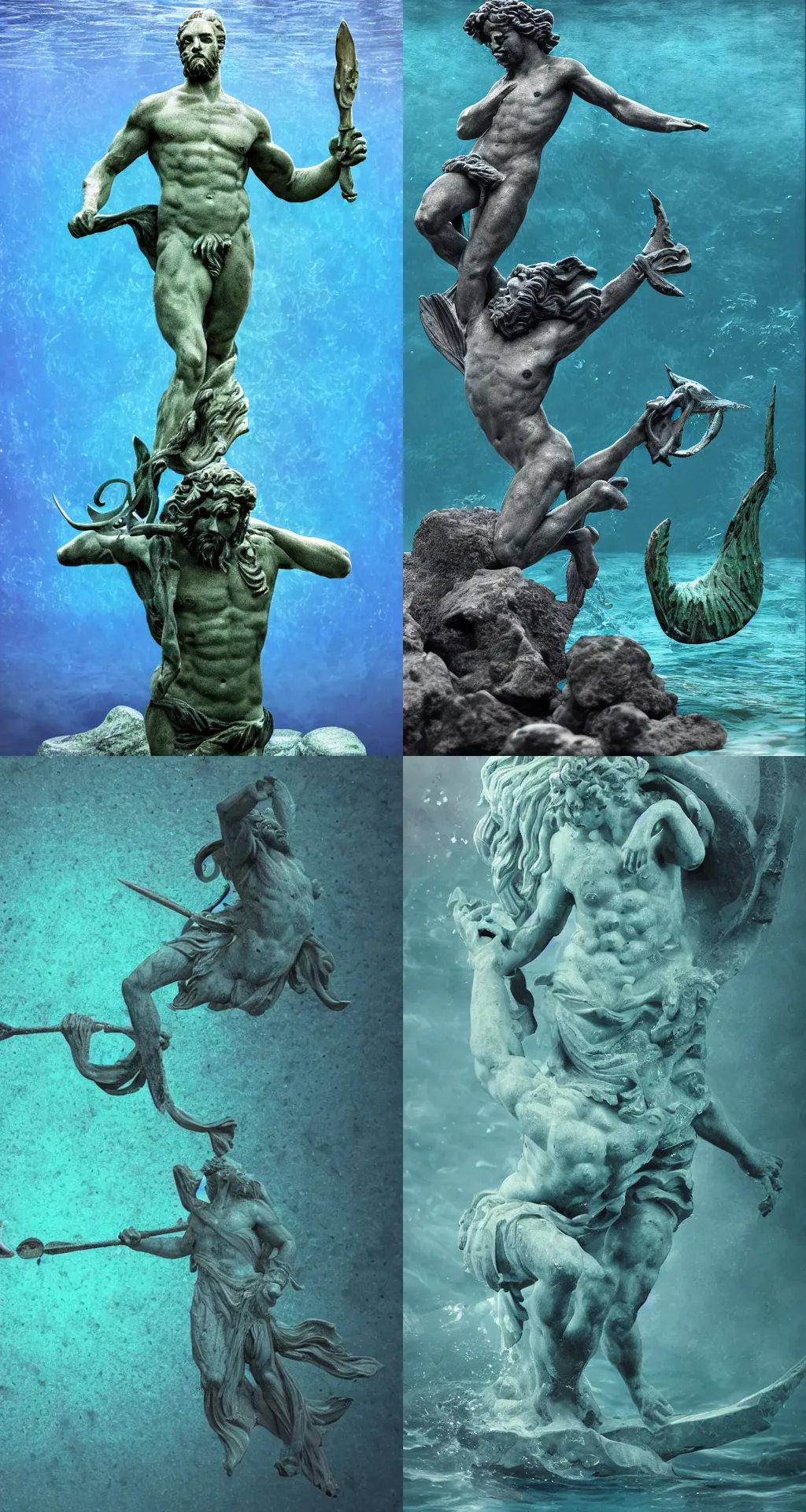 Prompt: fish swimming, ancient greek sculpture of poseidon with trident statue submerged underwater, blue and green water, tiny crabs, photorealistic, highly detailed, trending on artstation, mystical lighting