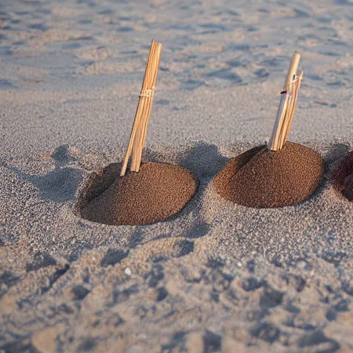 Image similar to three woks, each with the approximate dimensions of 50cm long and 30 cm wide, placed on a sandy beach, with ocean in the background, photorealistic, 8k