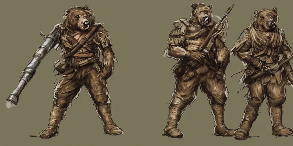 Image similar to concept art of a high fantasy ww1 bear beast-man soldier using a bazooka trending on artstation, detailed high resolution