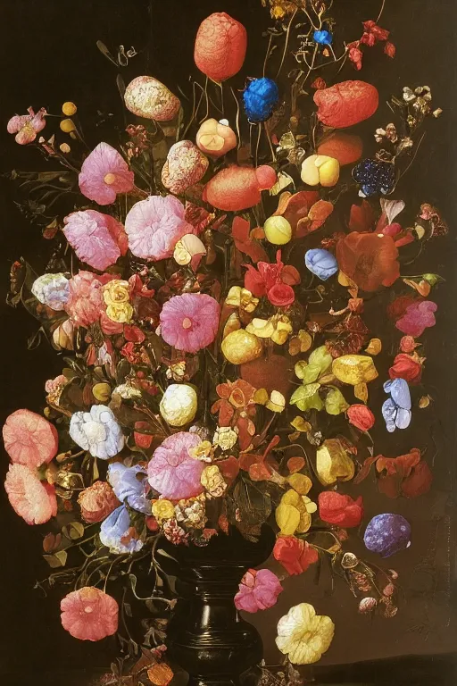 Image similar to still life of a bouquet of flowers, but the flowers are actually gummy bears and jelly beans, delicious rubbery translucent squishy sweets, soft light, highly detailed, close up, Northern Renaissance