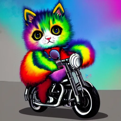 Image similar to wide angle full body, jacket wearing fluffy cute rainbow kitten wearing a black leather motorcycle jacket, riding on a motorcycle, cinematic concept art