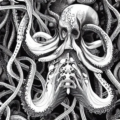 Image similar to a rib cage filled with octopuses wrapping their tentacles around the shining white bones, fantasy illustration