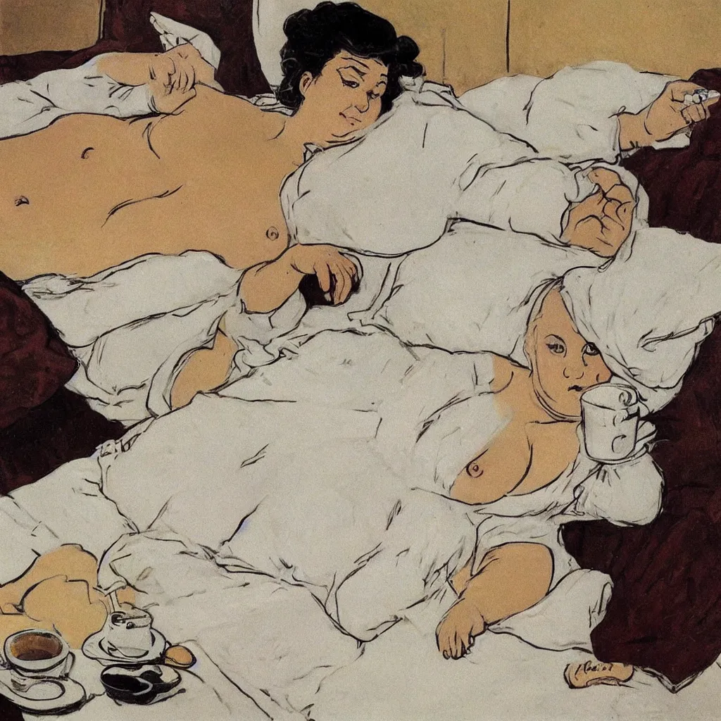 Image similar to a beautiful fat woman drinking coffee in a bed with white sheets drinking coffee in the style of telous lautrec