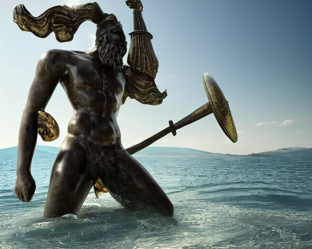 Prompt: a giant abstract sculpture of a legendary greek warrior god on the water, in the style of thomas schutte, award winning, cinematic, hyper - realistic, very detailed, realistic water splashes, ray tracing, 8 k resolution, long - shot, sharp focus, low angle, 8 5 mm photograph, wide lens