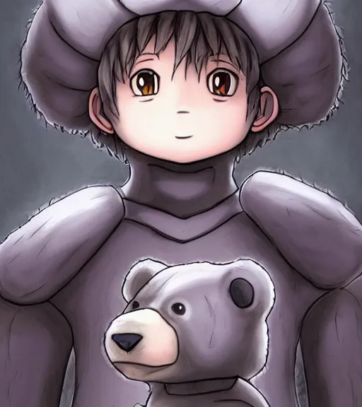 Image similar to attractive little boy wearing an cyborg bear suit, artwork in kentaro miura and made in abyss and inazuma eleven, smooth, beautiful lightness, anatomically correct, trending on pixiv, fantastic composition, realistic