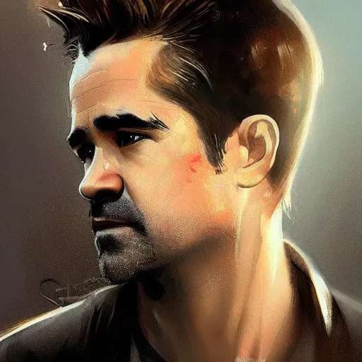 Image similar to “Portrait of Colin Farrell by Greg Rutkowski, young, attractive, highly detailed portrait, scifi, digital painting, artstation, concept art, smooth, sharp foccus ilustration, Artstation HQ”