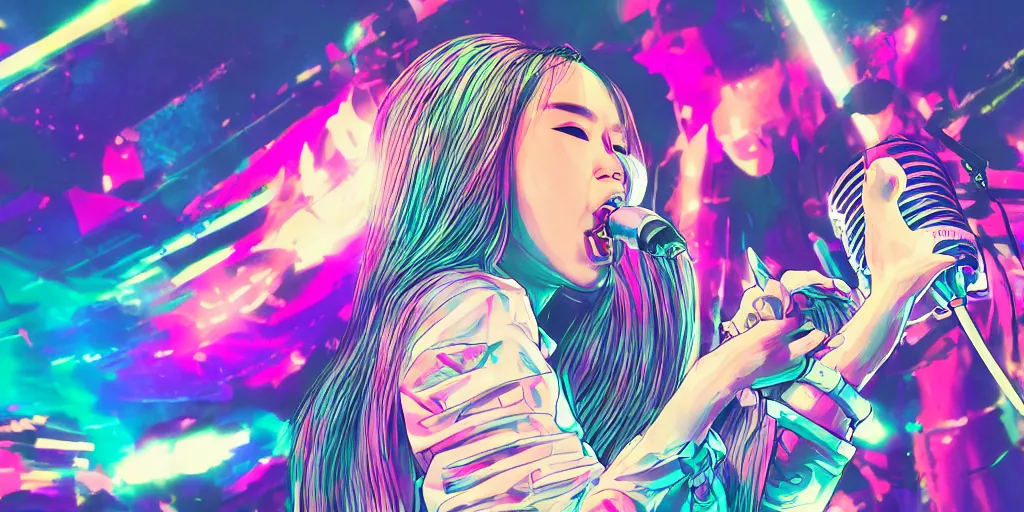 Prompt: Asian female rapper performing at huge festival holding microphone, epic angle, digital art, vapor wave, hip hop, trending on Artstation, professional artist, detailed, 4k