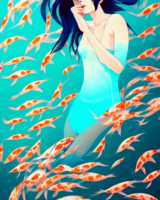 Image similar to a ultradetailed beautiful panting of a stylish woman surrounded by floating koi fish, by conrad roset, greg rutkowski and makoto shinkai, trending on artstation