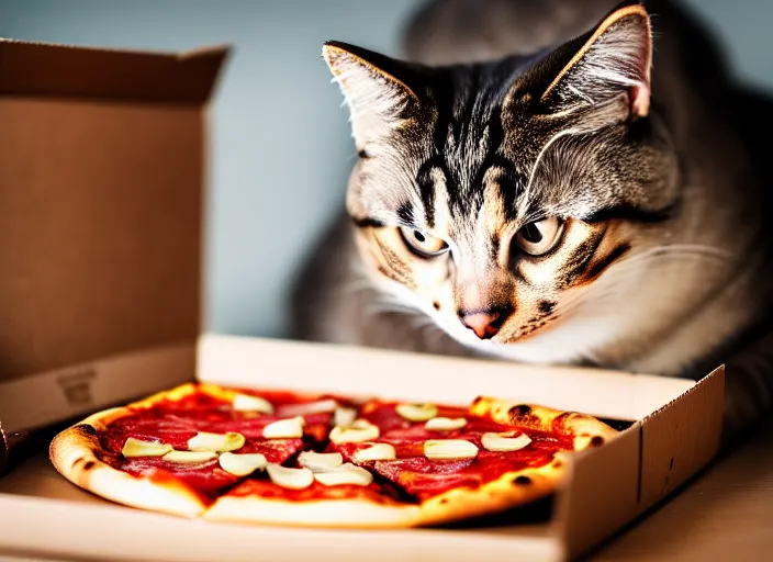 Prompt: photo of a very fat cat chewing pizza inside a cardboard box. nikon d 8 5 0 5 5 mm. dof. cinematic postprocessing.