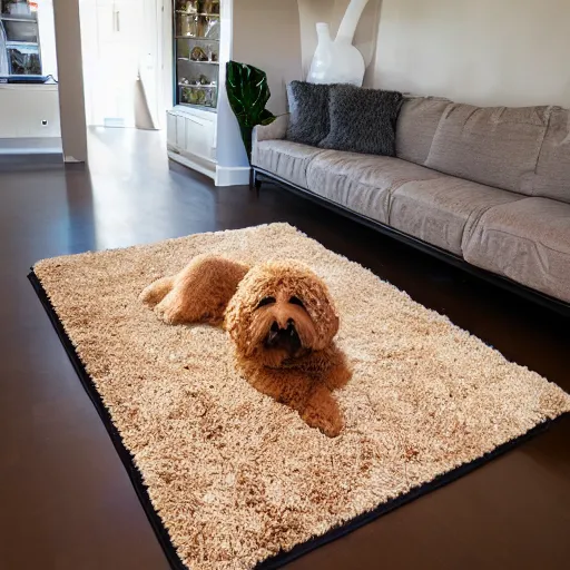 Image similar to a rug made out of a goldendoodle inside of a modern home, 8k, extremely detailed, interior design photography