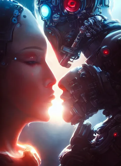 Prompt: ultra realistic close - up of a couple of cyborgs kissing, lovers, cyberpunk, sci - fi, fantasy, led color, flare, soft light, night, highly detailed, digital painting, concept art, sharp focus, illustration, art by artgerm and greg rutkowski