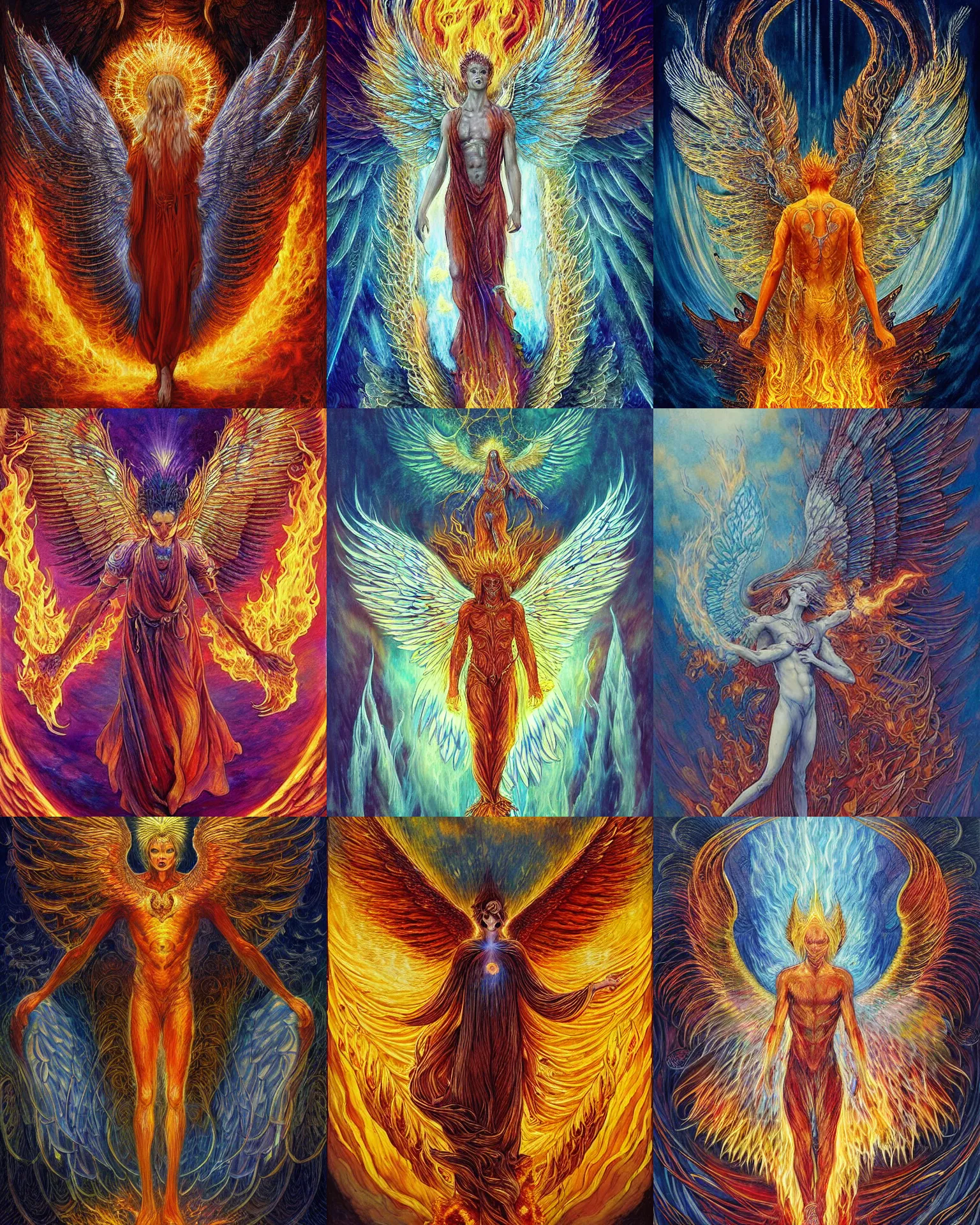Prompt: angelic fiery male seraphim, male humanoid figure made of fire, wings of fire, halo of fire, body of pure fire, surrounded by flames, descending from the heavens, highly detailed, cinematic, dramatic, sublime, wide angle, style of daniel merriam, aaron horkey, alena aenami, alex grey, jim burns, josephine wall, kelly mckernan