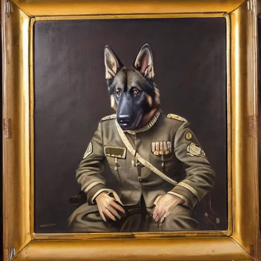 Prompt: a oil painting of a anthropomorphic german shepherd beast - man, wearing military outfit, sitting on an armchair