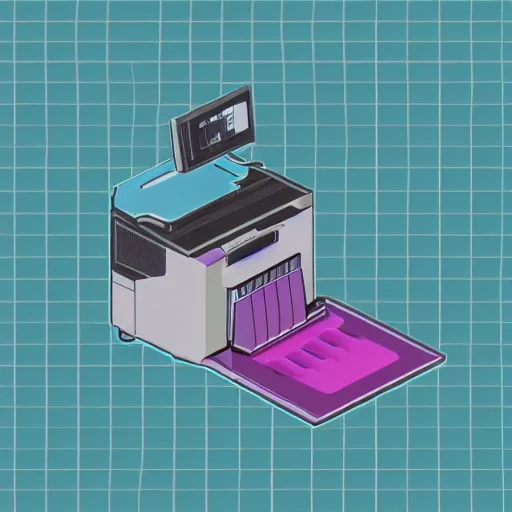 Image similar to flat, isometric, sythwave, printer floating in space