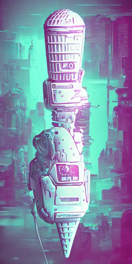 Prompt: robotic ice cream cone with 3 scoops of robotic ice cream, cyberpunk, professional, high quality, digital art, ue 5.