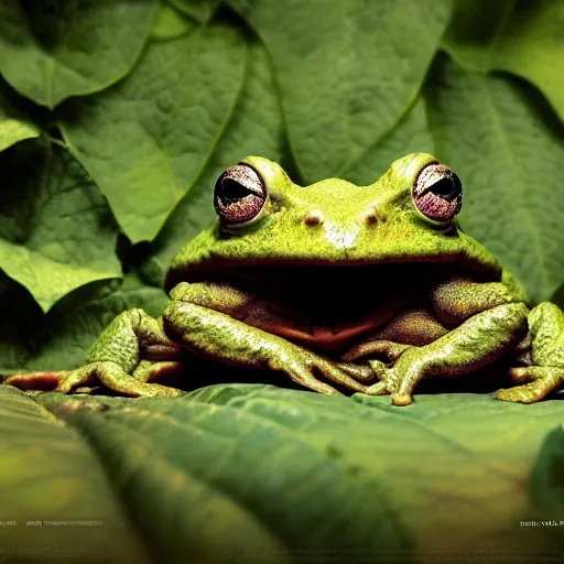 Prompt: soulful long shot of a crazy toad baby hiding under a leaf, by esao andrews, by m. w. kaluta, ultra humorous illustration, small depth of field, perspective perception, volumetric light, psychedelic colors, 3 d octane render, 8 k, conceptart, hyperdetailed, hyperrealistic, trending on artstation