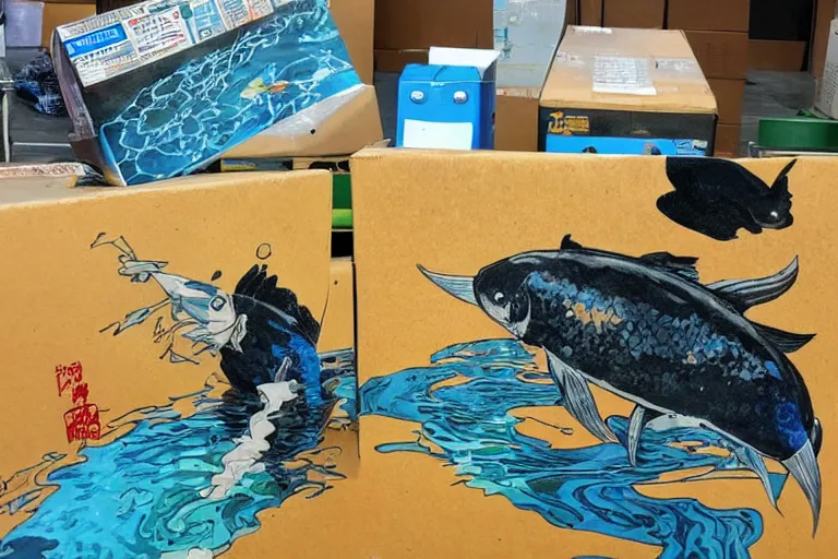 Image similar to inspecting a shipment, the box is full of water and koi. art in the style of vincent di fate.