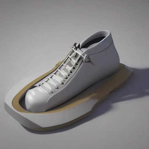 Image similar to a shoe made by leonardo davincci design by balenciaga ,inside a white wll gallery ,pastel colors,3d render ,fashion design ,highly detailed, hyper realistic,keyshot render,octane render,hdri, 4k -