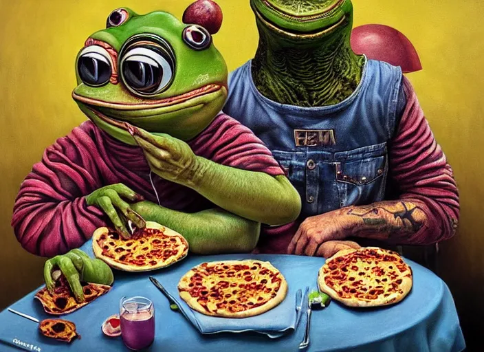 Prompt: hyper realistic detailed painting of a heavy tattooed pepe the frog family in punk clothes in mid 70s italian restaurant eating pepperoni bug pizza with roasted rainbow tungsten cube and sipping on a hopium with a dash of doom juice by Andrei Tarkovsky, Adrian Ghenie, Storm Thorgerson, and Beeple, semi naive, pastel colors, Hilma af Klint color palette, cinematic, very coherent symmetrical artwork, cinematic, hyper realism, high detail, 8k, last supper composition. Beksinski painting, part by Adrian Ghenie and Greg Hildebrandt. art by Neo Rauch. masterpiece