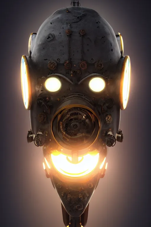 Image similar to steampunk mask minimalist fantasy art robot ninja helmet, global illumination ray tracing hdr fanart arstation by sung choi and eric pfeiffer and gabriel garza and casper konefal radiating a glowing aura