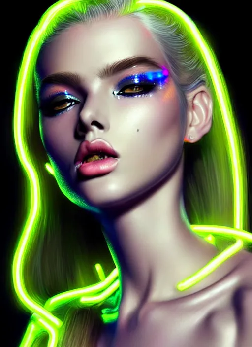 Image similar to photorealistic portrait of female humanoid, cyber neon lights, highly intricate, retro 6 0 s haute couture fashion, elegant, highly detailed, crispy quality, trending on artstation, trending on pinterest, glamor pose, no signature, no watermark, smooth, cinematic, art by artgerm and pascal blanche