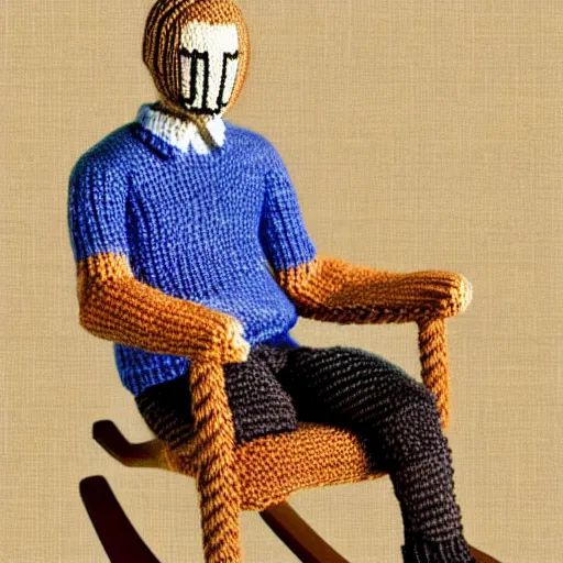 Image similar to Knitted from yarn Ryan Gosling is sitting on a rocking chair, realism, proportions,