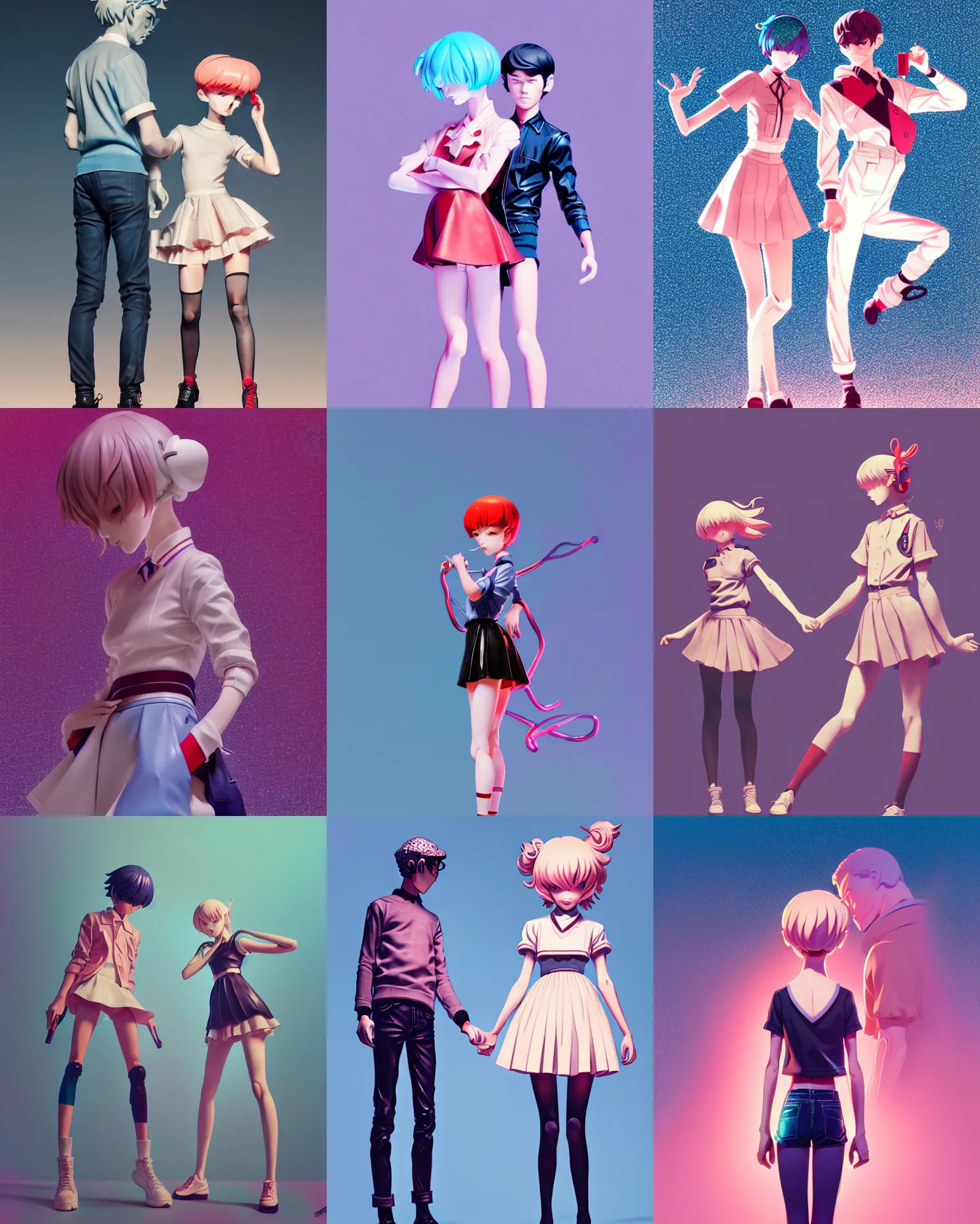 Prompt: james jean and ilya kuvshinov isolated vinyl figure high school girl boy, expert figure photography, dynamic pose, interesting color palette material effects, glitter accents on figure, anime stylized, accurate proportions artgerm realism, high delicate defined details, holographic undertones, ethereal lighting, octane render, editorial awarded design