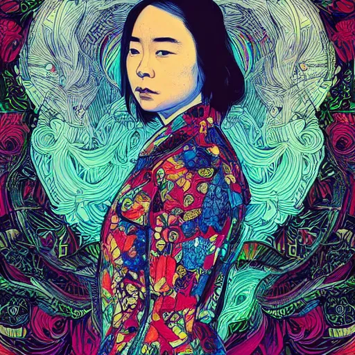 Image similar to portrait of mitski, an ultrafine detailed illustration by james jean, intricate linework, bright colors, final fantasy, behance contest winner, vanitas, angular, altermodern, unreal engine 5 highly rendered, global illumination, radiant light, detailed and intricate environment