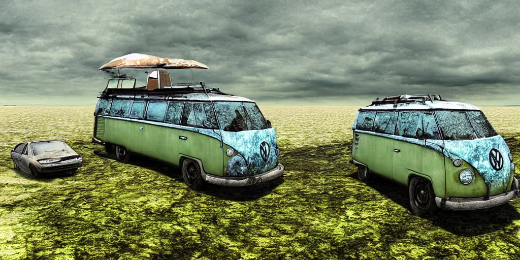 Prompt: dessert where a vw campervan is sinking in the sand and covered with moss corroding ,digital art, high detail, hyper realistic,