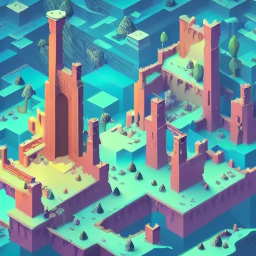 Image similar to a stunning minimalist isometric view of a fantasy castle deep within a vast cave, spiralling waterfalls and beautiful plants, intricate details, in the style of monument valley