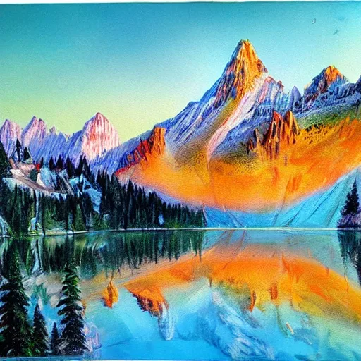 Image similar to ! dream lake in the alps at sunset painted by bob ross