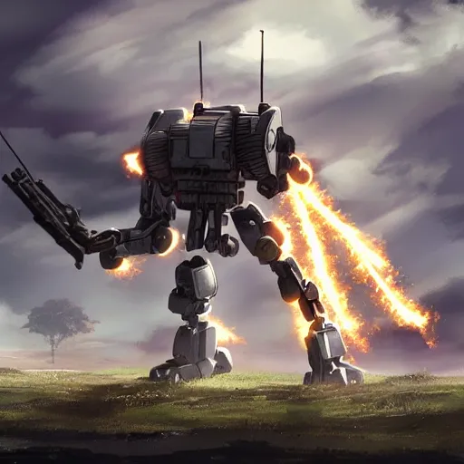 Image similar to a mech with guns on each arm preparing for combat, battlefield, dead trees, fire, smoke, dark clouds, slightly sunny, ominous, intense, epic, extremely detailed, cinematic lighting, studio ghibli, anime,