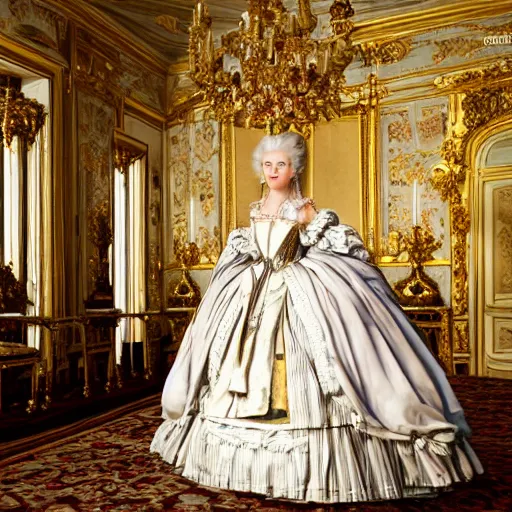 Image similar to marie antoinette in versailles, wow 4 k detail fantasy, matte painting, realistic materials, photo realistic, postprocessing, cinematic, hyperrealistic, studio lighting, ekaterina, the tudors, photography by richard jenkins