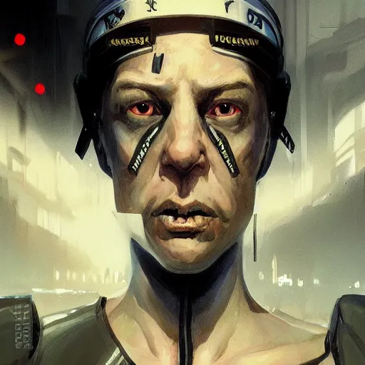 Image similar to portrait of rubbery albino mutant with determined expression, sharp features, moist skin and wide black eyes wearing fascist Napoleonic Tang Dynasty police uniform standing on cyberpunk docks, science fiction concept art by Greg Rutkowski and Anato Finnstark