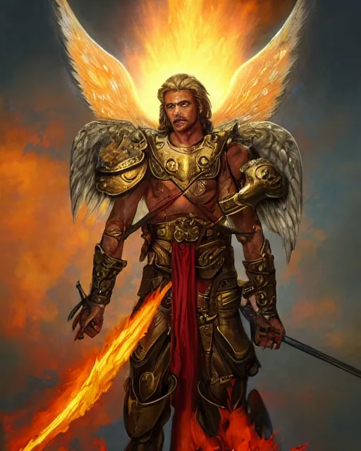 Prompt: character portrait of a brawny male warrior angel of justice, wielding a flaming sword and shield, with fiery golden wings of flame, wearing shining armor, by peter mohrbacher, mark brooks, jim burns, wadim kashin, greg rutkowski, larry elmore, trending on artstation