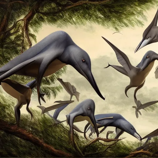 Prompt: a flock of pterodon sitting in a tree, paleo art, realistic, detailled, epic