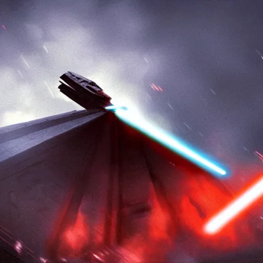 Image similar to darth vader using the force to bring down a star destroyer, epic, cinematic, concept art, incredible