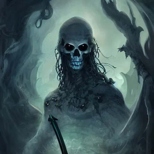 Image similar to photo of a ghostly pirate, head and torso, in a grotto, holding a sword, intricate, elegant, highly detailed, lovecraftian, digital painting, artstation, concept art, smooth, sharp focus uhd 8 k, dark, atmospheric, dave dorman