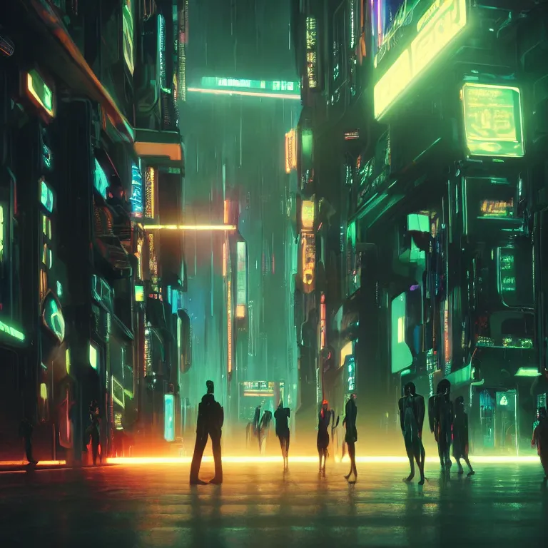 Prompt: night life scene with people dressed in futuristic clothes, cyberpunk designs, and faint glows of vivid color, cinematic, movie scene, highly detailed, polished, intricate, concept art from blade runner, digital art, octane render, cgsociety, by edward hopper and noriyoshi ohrai