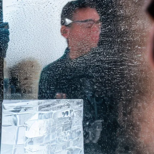 Prompt: see through clear sheet of ice in front of man man behind ice