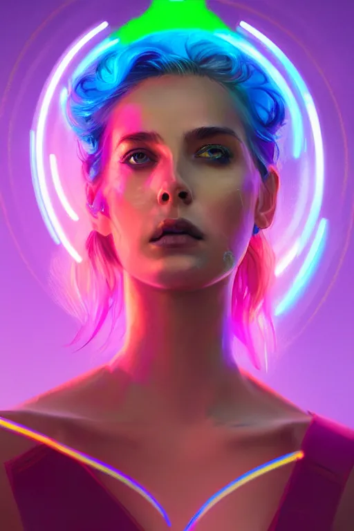 Image similar to a award winning portrait of a beautiful woman with stunning eyes in a one off shoulder crop top and cargo pants with rainbow colored hair, outlined by whirling illuminated neon lines and fine lines swirling in circles by greg rutkowski, digital art, trending on artstation