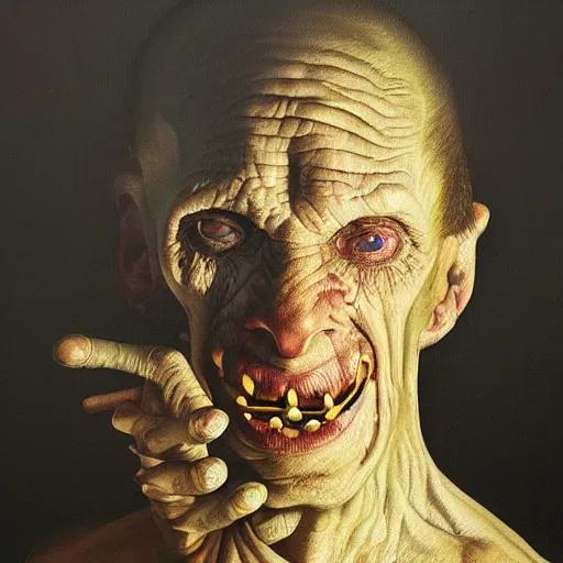 Image similar to oil painting by christian rex van minnen of a portrait of an extremely bizarre disturbing mutated man with intense chiaroscuro lighting perfect composition