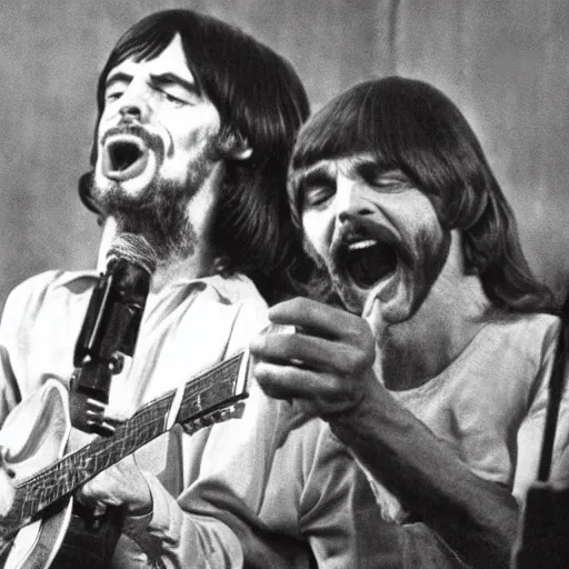 Image similar to charles manson singing with the beatles, black and white, high quality photography, realistic, detailed, uncropped, realistic face,